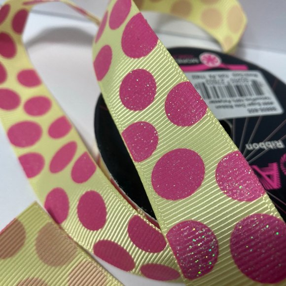 Pink Yellow Ribbed Ribbon Glitter Dots - Picture 7 of 14